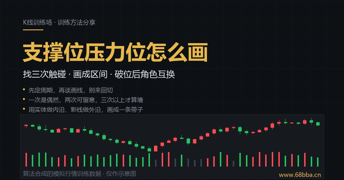 支撑位压力位怎么画：三次触碰、画成区间、角色互换示意图（算法合成的模拟行情训练数据）